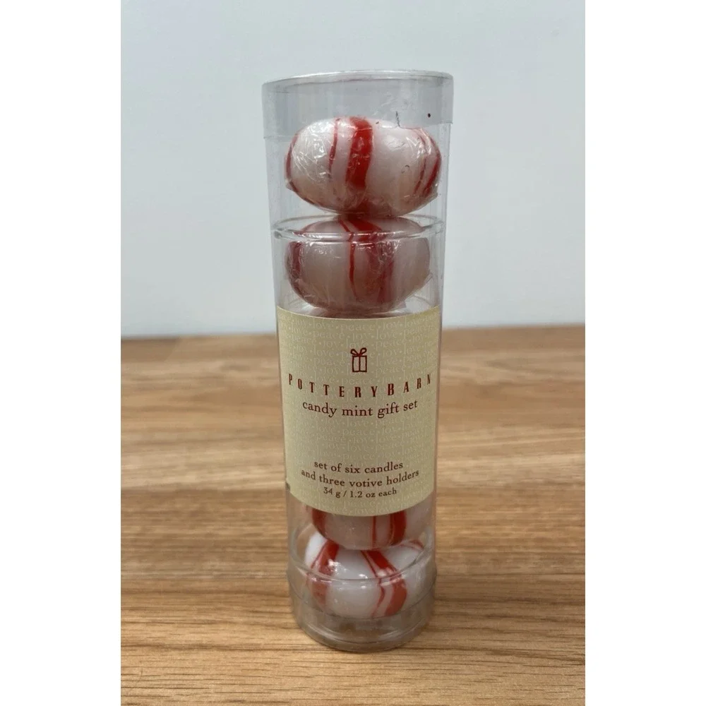 Pottery Barn Pack of 6 Candy Mint‎ Candles with 3 Votive Holders Peppermint NEW